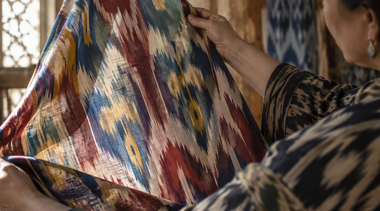 Hands unfolding an ikat fabric with a blue, red and yellow pattern in a workshop in Margilan
