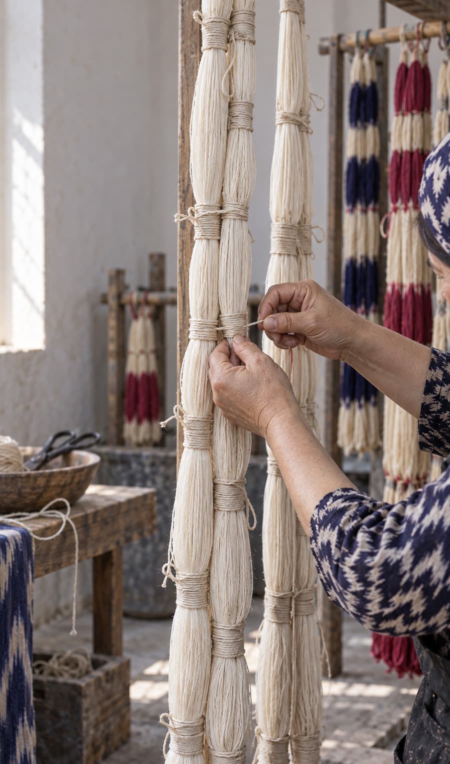 A maker tightly tying bundles of white threads by hand, with dyed skeins hanging in the workshop behind