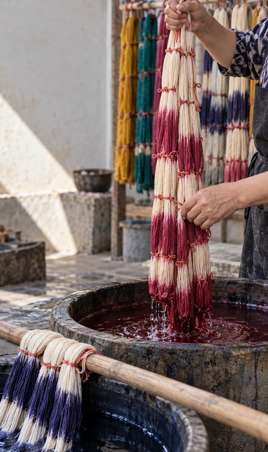 Hands lifting a bundle of threads dyed crimson and white in sections above a vat of red dye