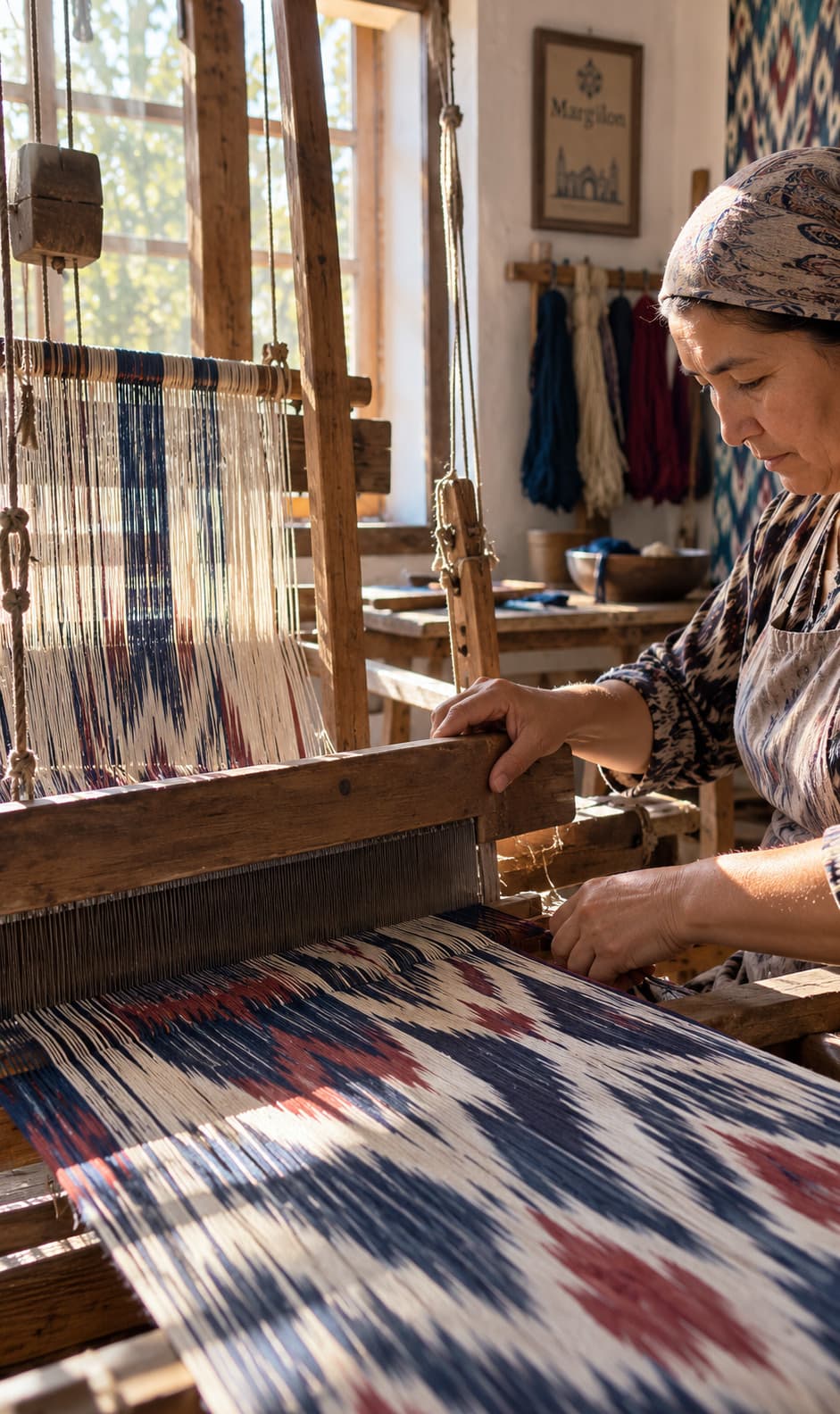 A woman in a headscarf and ikat-patterned clothes working at a wooden loom, with a blue and red ikat pattern on the cloth