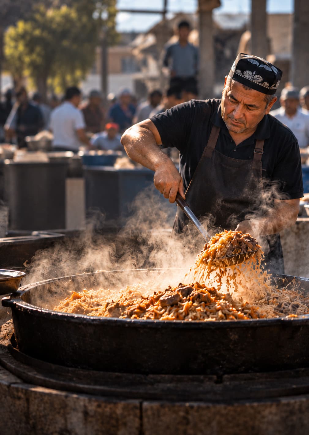 A cook in a black skullcap lifts steaming plov from a large kazan