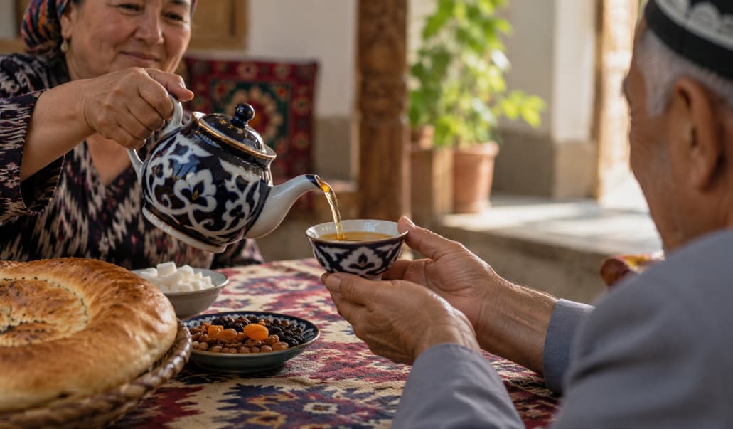 A woman pours tea from a blue-patterned teapot for an older man in a skullcap
