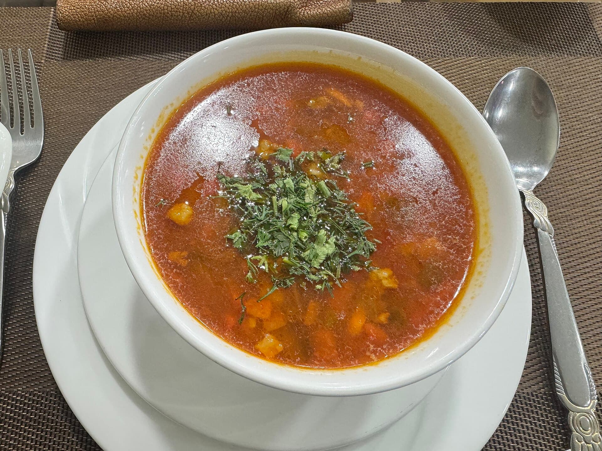 A piala of mastava, a thick soup with rice and vegetables